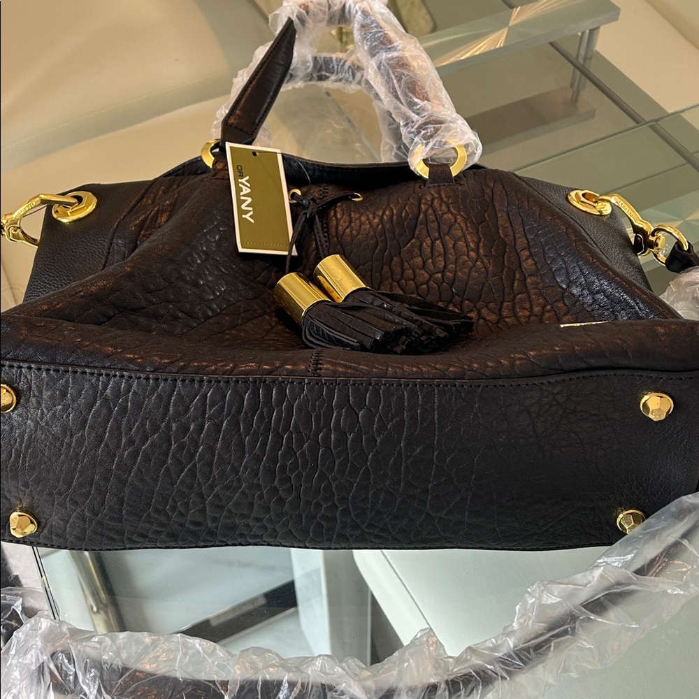 BRAND NEW Beautiful orYANY Black Leather Shoulder Bag with Gold Accents